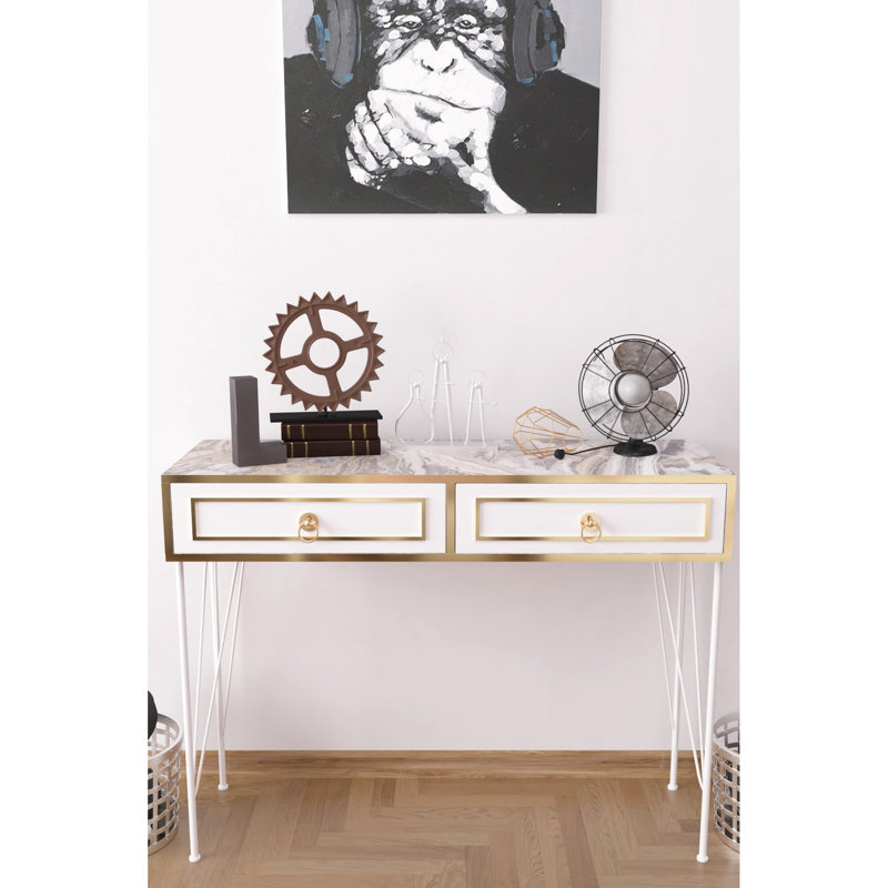 Console blanche avec base en bois et pieds en métal, P 47,72 po x l 13,64 po, H 35,96 po en pieds et base, profondeur 47 po, largeur 14 po, hauteur 35 po