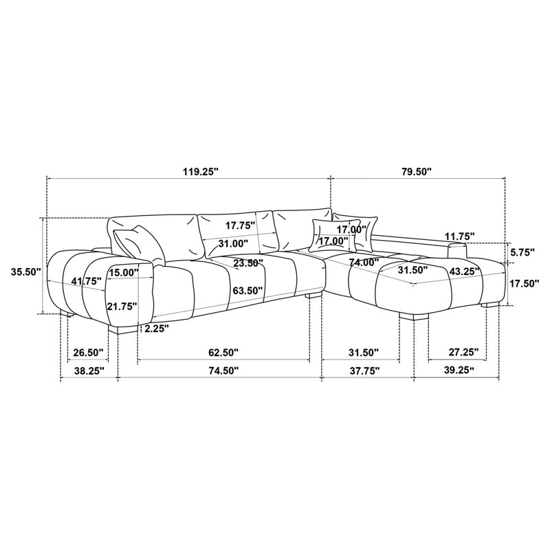 Canapé modulaire rembourré avec méridienne Plather, Tissu gris anthracite