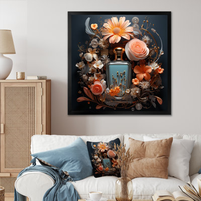 «Perfume Bottle with Pink Blossoming Flowers», reproduction sur toile