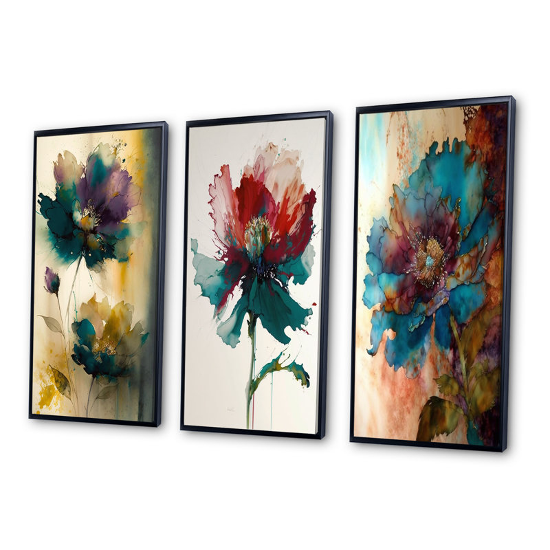 «Delicate Blossoming Pansy Flower Retro», 3 pièces, Cadre flottant noir, H 28 po x l 36 po