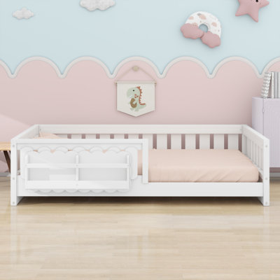 Space-Saving Wood Platform Bed With Guardrail And Storage Shelves