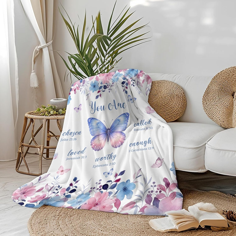 Couverture florale papillon rose pour femme, bleu et rose avec citation inspirante, douillet jeté douillet pour fille, canapé de salon de 30 x 40 po