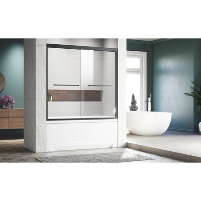 Porte semi-tubulaire 56-60 po L 62 po, finition noir mat, verre trempé transparent épais, modèle en acier inoxydable 304 et poignées, corrosion fiable