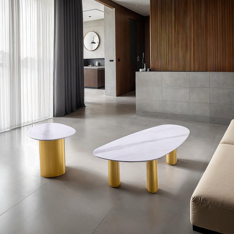 Table basse élégante avec plateau en pierre frittée, Blanc