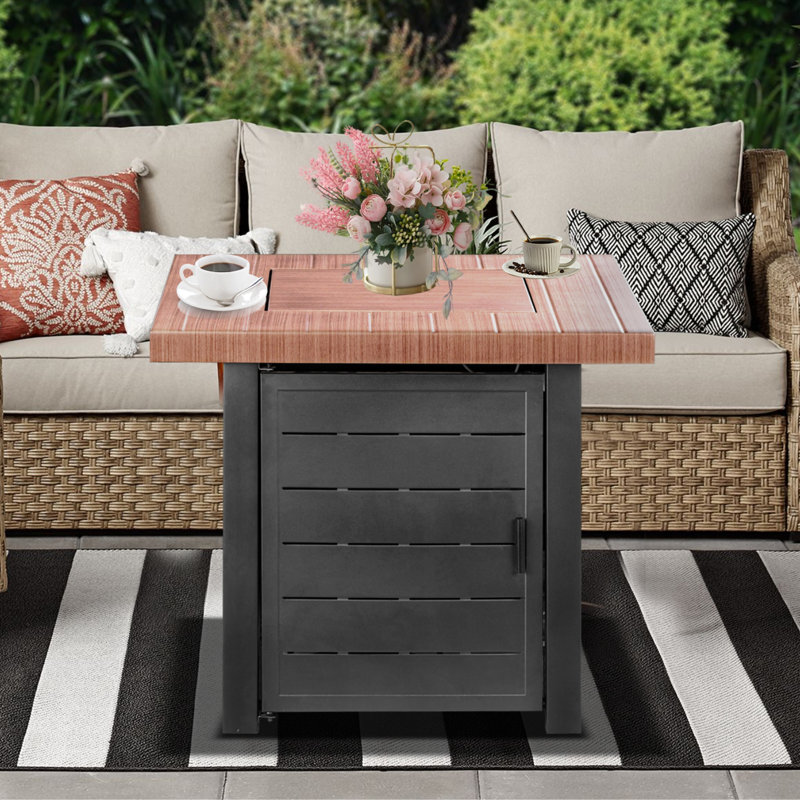 Table de foyer d'extérieur au propane en fer avec couvercle H 24,8 po x l 28 po Lyyna, Grey/Light Brown
