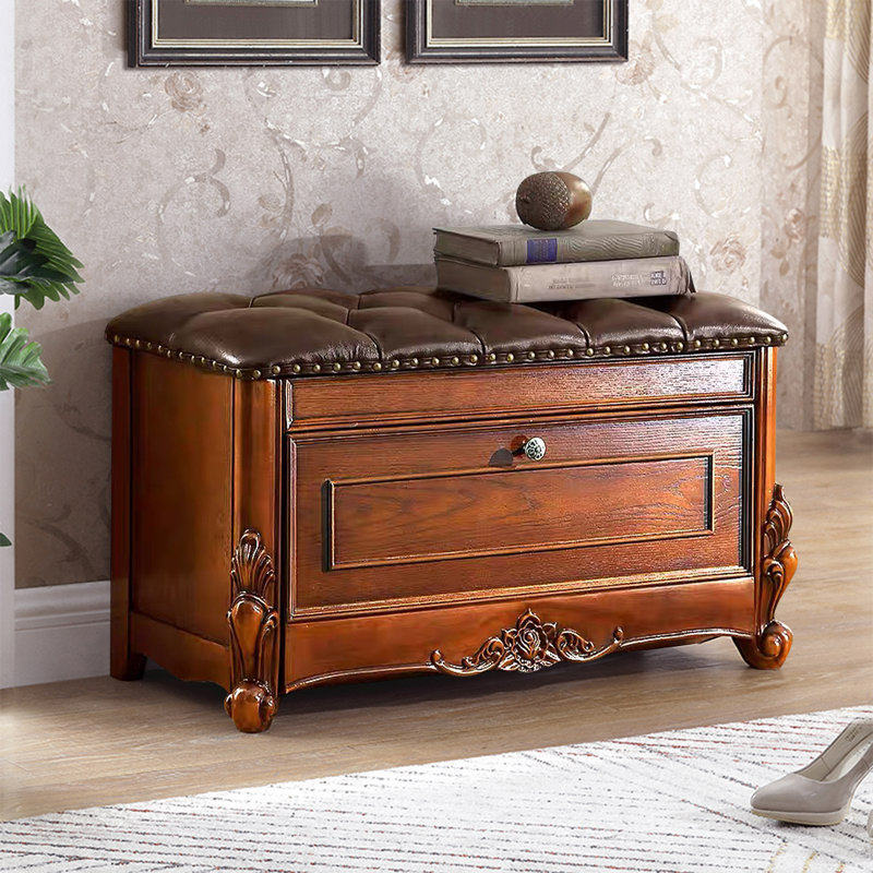 Retro Style Wood Upholstered Entryway Leather Storage Shoe Bench, Brown