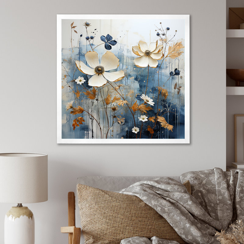 Champs blancs et bleus de fleurs sauvages V, Cadre simple blanc, H 24 po x l 24 po x P 1 po