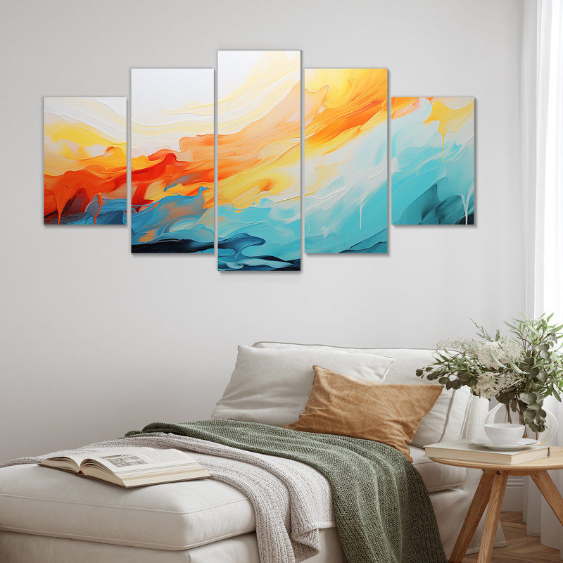 Bleu et orange, vagues abstraites colorées I - ensemble de peintures murales abstraites