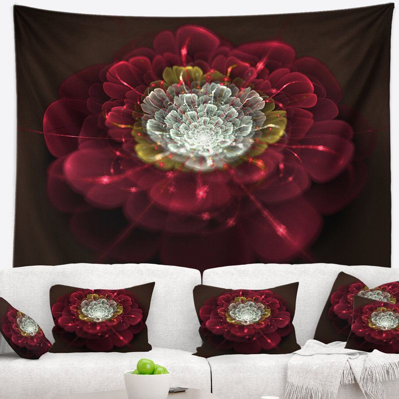 Floral floral fractal rouge avec tapisserie blanche, H 50 po x l 60 po