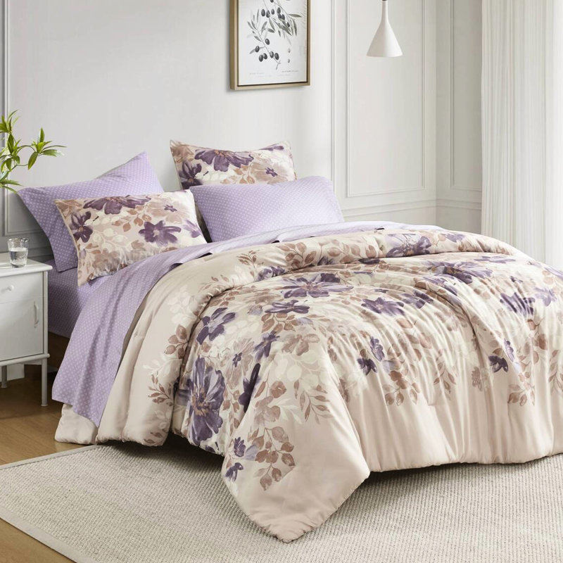 Lit double taupe avec édredon et draps, dans un sac 2 taies décoratives, 1 drap plat, taies d'oreiller ajustées, imprimé en microfibre douce, rembourrage, preuve, impression en microfibre, aquarelle