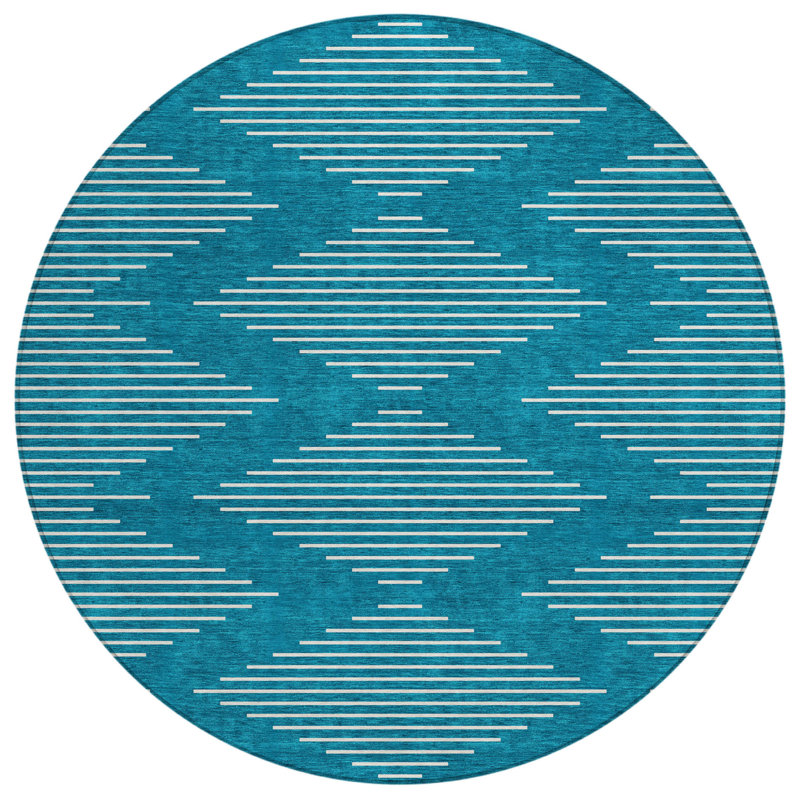Tapis d'intérieur rond bleu sarcelle lavable géométrique 8 pi HomeRoots