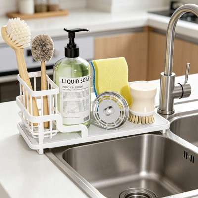 Kitchen Sink Sponge Holder with Diatomite Tray - Detachable Stainless Steel Sink Caddy Organizer for Sponges and Brushes, Countertop Drying Rack