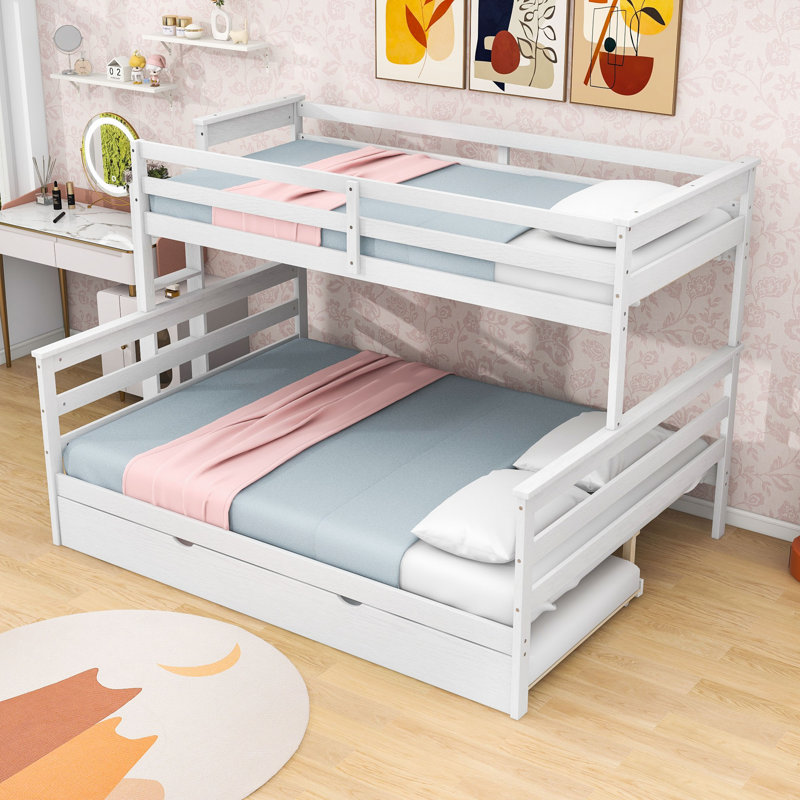 Twin XL Over Queen Bunk Bed with Twin Trundle, Guardrails and Ladder, White