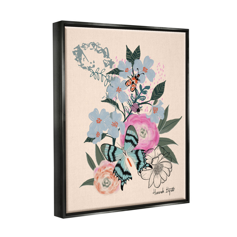 «Pastel Flowers and Butterfly On Canvas» par Hannah, impression, H 21 po x l 17 po x P 1,7 po, Cadre flottant noir de jais