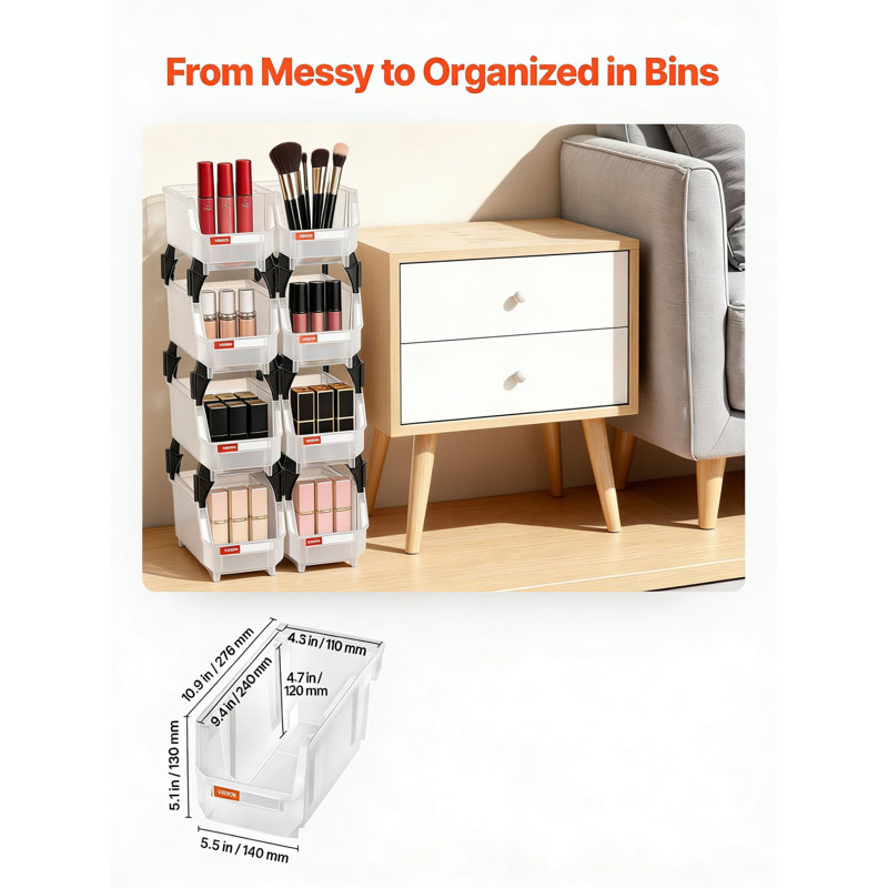 Bacs de rangement empilables VEVOR, paquet de 8 contenants de rangement en plastique transparent avec ouverture frontale, durable pour le placard, le garage, le bureau et l'organisation à la maison