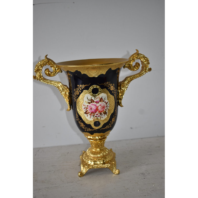 Black And Gold Large Krater Decoration Resin Vase Size: 17" X 10" X 16"H