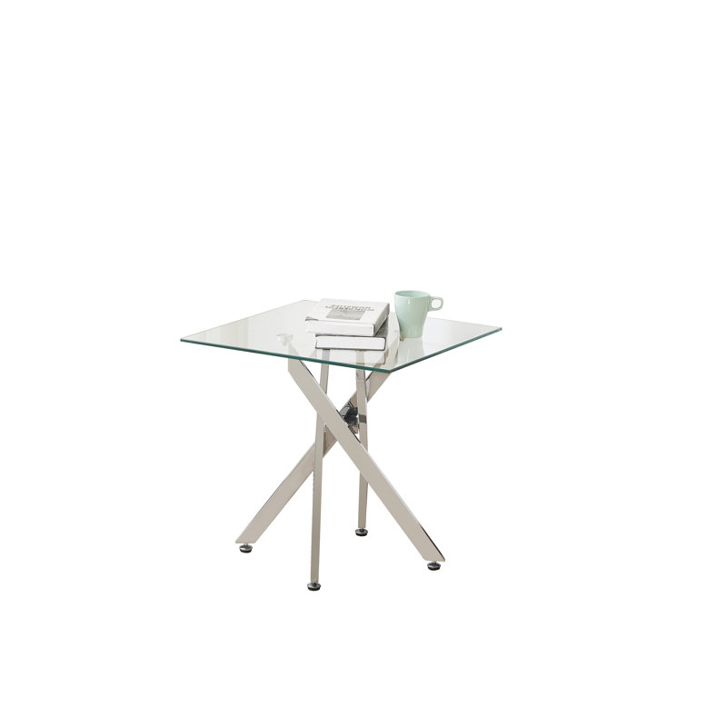 Table de bout en verre moderne avec base en métal chromé, table d'appoint en verre trempé biseauté, table d'appoint contemporaine