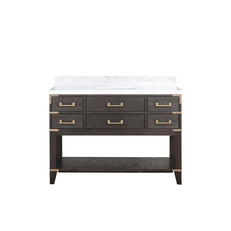 Meuble-lavabo simple en chêne brun 48 po X P 22 po avec plateau en marbre et fermeture en douceur - structure en bois massif, 5 tiroirs et tablette ouverte pour un rangement généreux