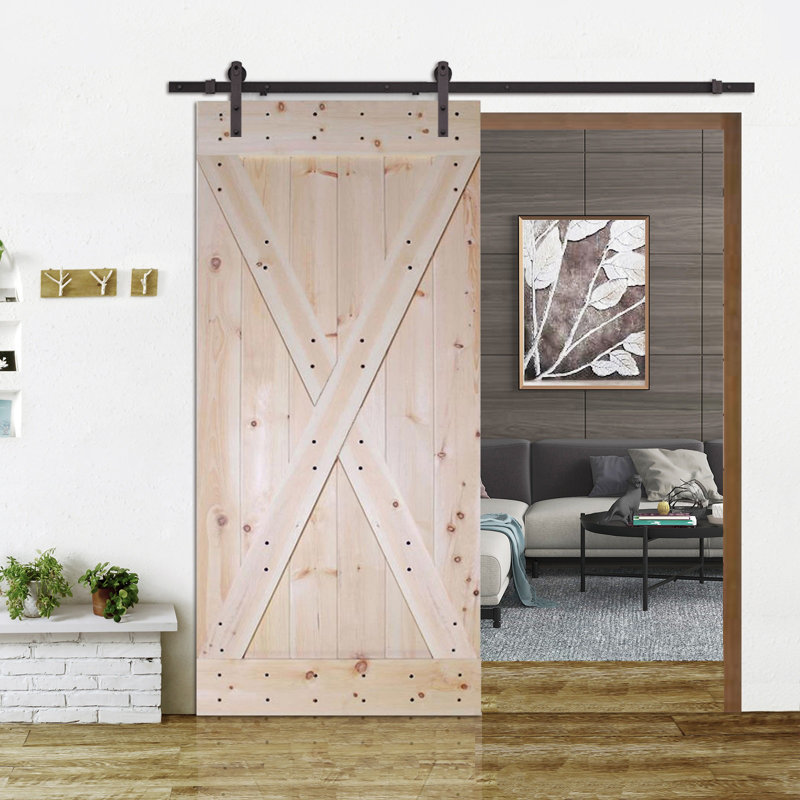 Porte de grange à panneaux en bois en X avec trousse de quincaillerie d'installation, Brut