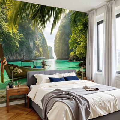Papier peint adhésif auto-adhésif moderne pour la chambre à coucher avec bateau plage