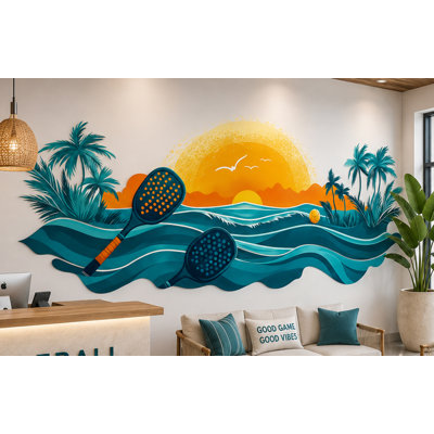 Tropical Pickleball Wall Sticker, Ocean Paddle Wall Decal, Pickleball Club Decor, Beach Sports Wall Art, Coastal Court Lounge Decor 747MV