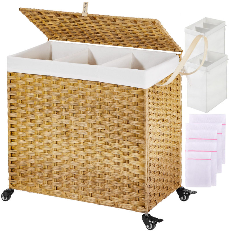 Hand Woven Rolling Laundry Sorter with Handles, Natural