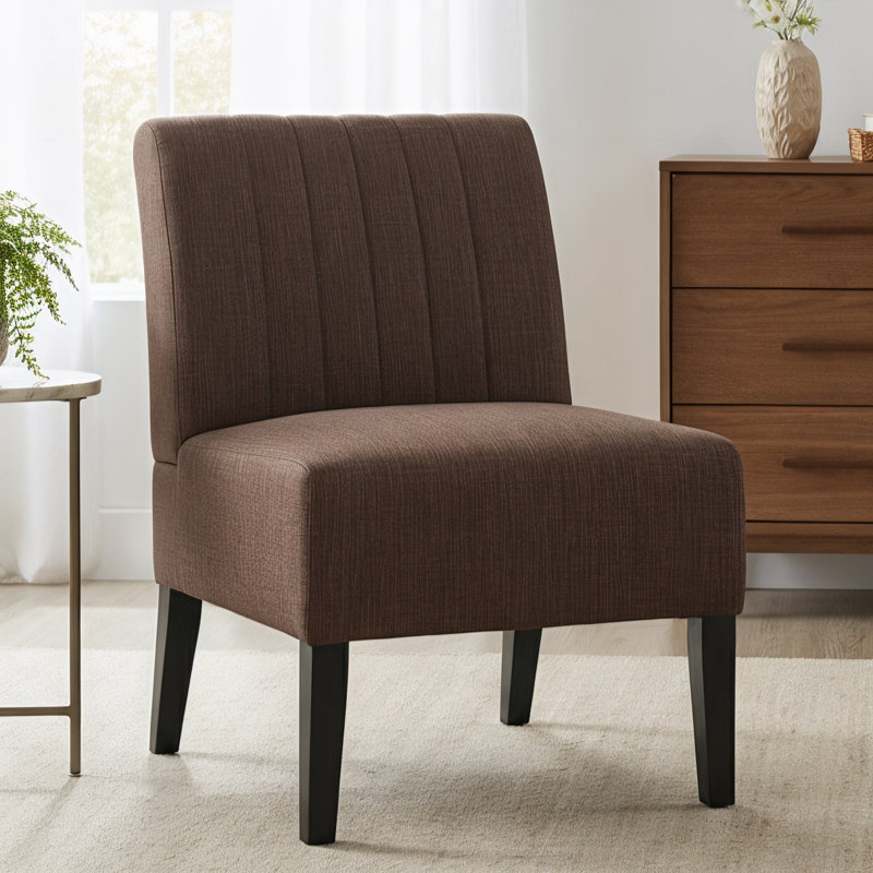 Modern Upholstered Slipper Chair with Channel-Stitched Back and Rubberwood Legs