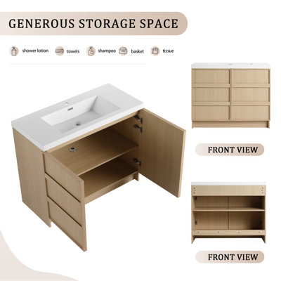 Meuble-lavabo autoportant de 42 po avec lavabo en résine et 2 portes d'armoire à fermeture en douceur, contreplaqué, chêne Dune (Kd-Packing)