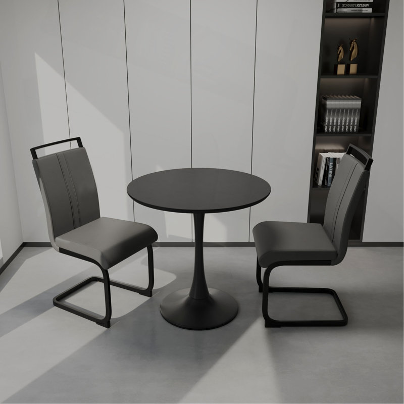 Table de salle à manger 31,5 "circulaire, table de salle à manger Tulip, table de salle à manger pour 2 à 4 personnes, plateau et base en panneau de fibres à densité moyenne et ensemble de 2 chaises en métal
