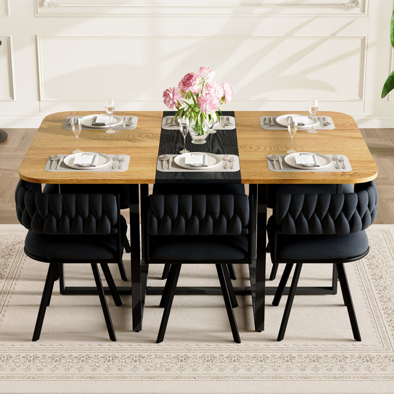 Farmhouse 7 Piece Dining Set Extendable Rectangular Dining Table with 6 Upholstered Chairs MDF