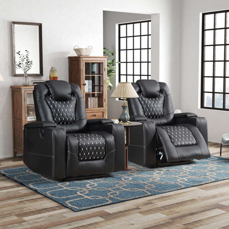 35.04'' Luxury Faux Leather Home Theater Individual Seat Recliner with Cup Holder & Arm Storage & USB, Black