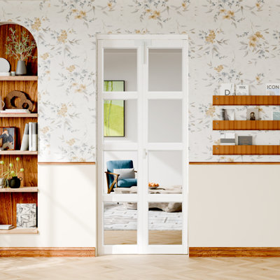 Portes pliantes en deux: portes pliantes en miroir blanc 4-Lite, bois manufacturé, avec serrure, poignée et quincaillerie