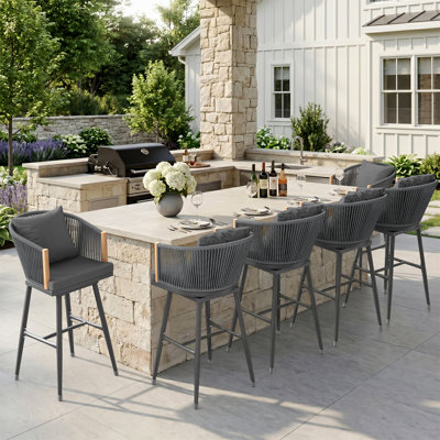  Bar Stools Set Of 6, Bar Height Bar Stools, 30" H Swivel Wicker Rattan Outdoor Barstools With Boho Woven Rope Back For Kitchen Patio Garden, Grey