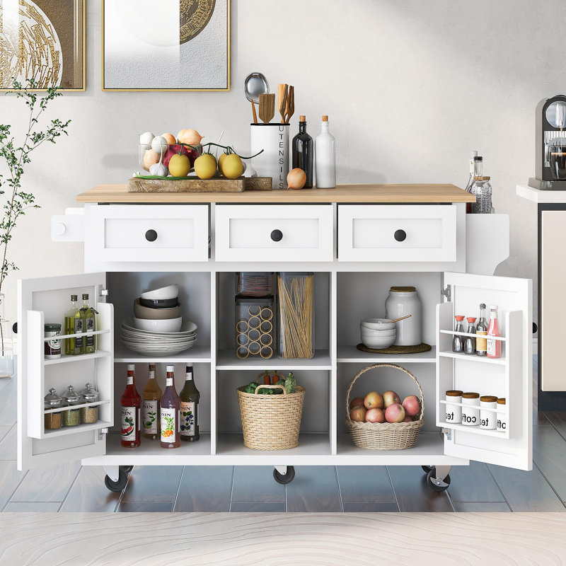 Kitchen Cart With Rubber Wood Drop-Leaf Countertop ,Cabinet Door Internal Storage Racks,Kitchen Island On 5 Wheels With Storage Cabinet And 3 Drawers For Dinning Room,White