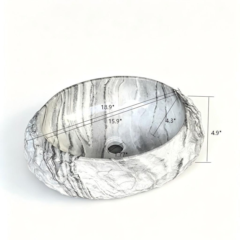 Lavabo vasque de salle de bain rond à surface solide 19 "avec extérieur en pierre ciselée blanc moucheté