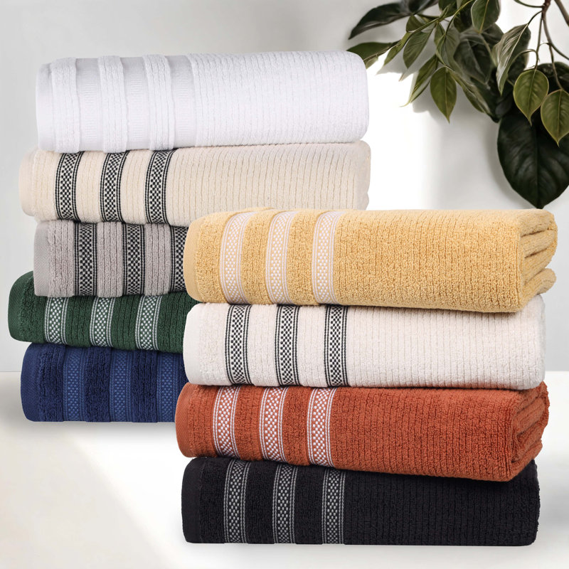 Zero Twist Cotton Ribbed Modern Geometric Border Soft Highly-Absorbent Bath Sheet Set, Ivory