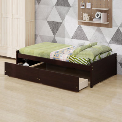 Solid Rubber Wood Bed With 2 Drawers For Storage