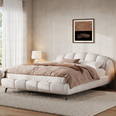 Chenille Upholstered Platform King Size Bed With Shell-Shaped Headboard & Footboard