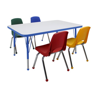 30" x 48" Rectangle Dry-Erase Activity Table with Standard Legs and 14" Stack Chairs with Ball Glides, 5-Piece Set - Whiteboard/Blue/Assorted
