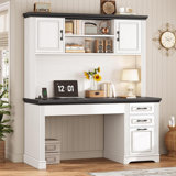 Farmhouse Computer Desk With Hutch And 3 Drawers, 47.2" Executive Office Desk With Storage Drawers, Wood Desk With Power Outlet For Home Office