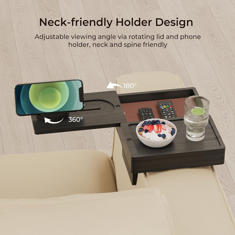 Plateau d'accoudoirs noir avec 2 plateaux rotatifs, table à pinces réglable avec boîte de rangement et support pour téléphone à 360 °, table d'accoudoirs en bambou pour les collations, les boissons ou les repas