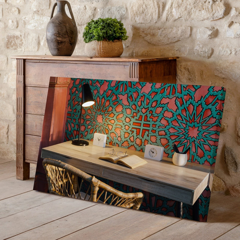 Toile Un espace de travail confortable avec un bureau en bois clair avec une chaise en rotin ornée d'un livre ouvert et une paire pour l'art mural moderne sur toile