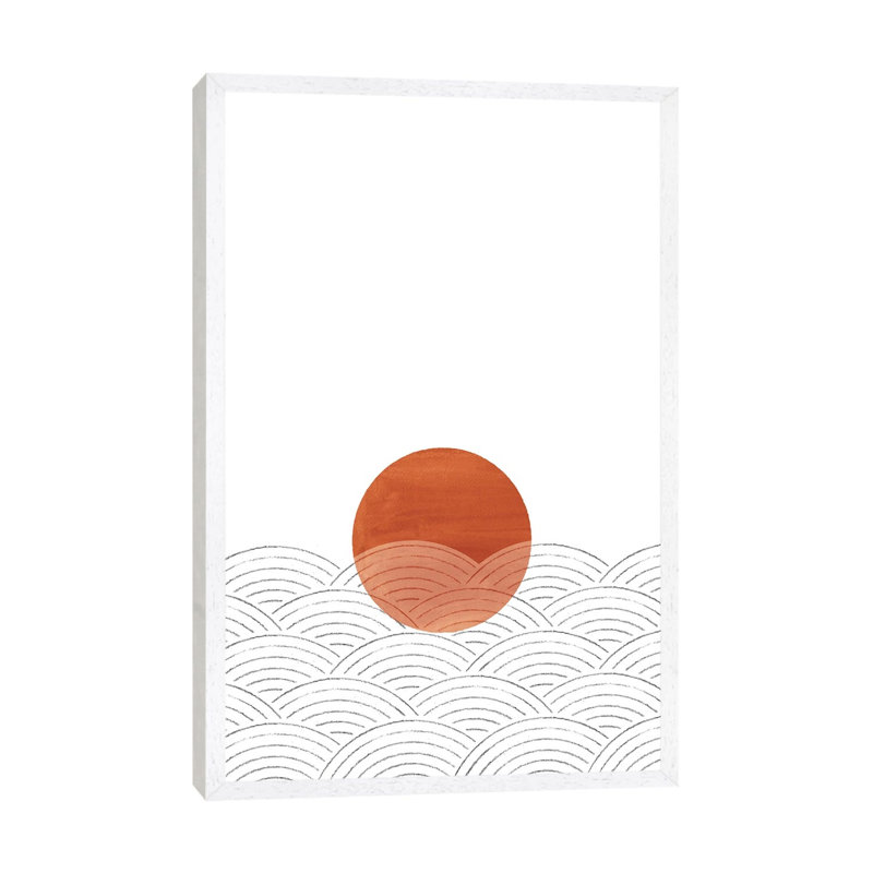 Abstract Terracotta Sunset And Waves by Whales Way - Painting on Canvas, 152.4cm H x 101.6cm W x 3.81cm D, White Framed