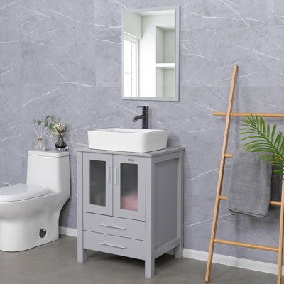 Meuble-lavabo simple 24 po avec comptoir en bois manufacturé et lavabo vasque, comptoir en bois manufacturé, robinet et drain