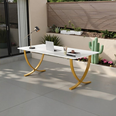63" Executive Desk - Faux Marble & Gold Steel Modern Workspace