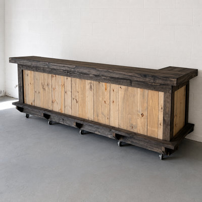 8' X 3' Rustic Wood Rolling Bar Counter With Dark Trim And Panel Design