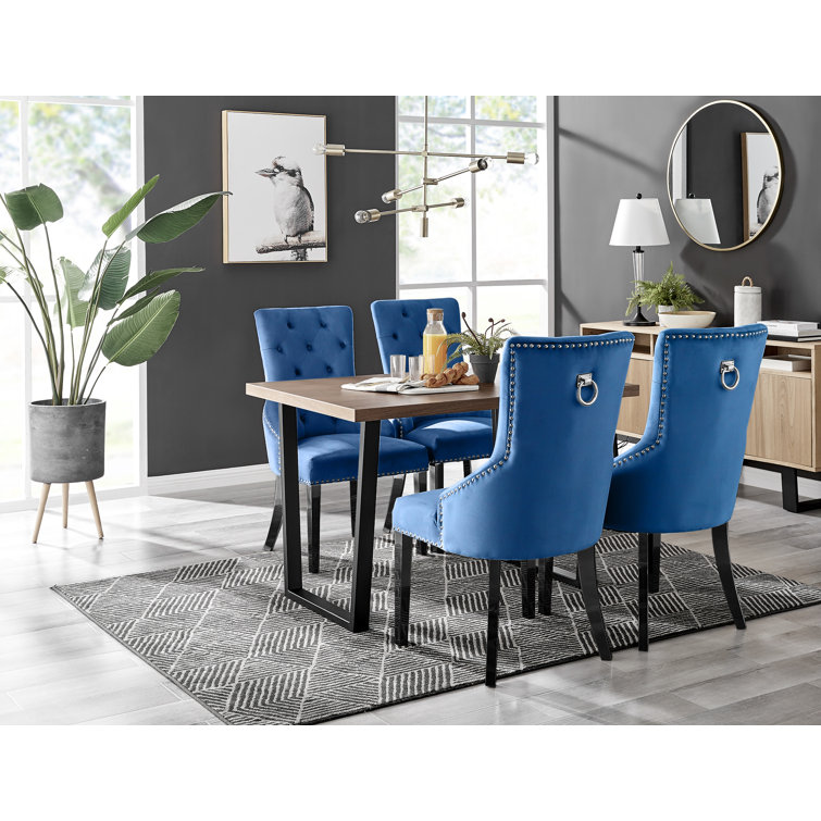 Kylooe Modern White And Silver Dining Table Set With 4 Luxury Button Velvet Dining Chairs