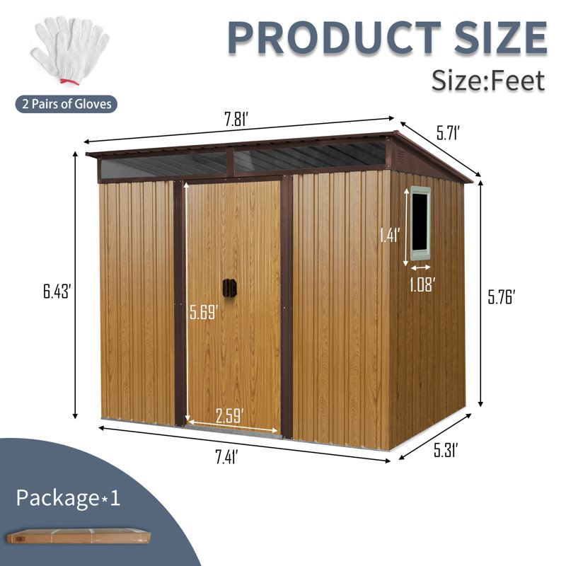 8 Ft X 6 Ft Outdoor Metal Storage Shed With Window And Transparent Plate For Garden, Lawn  (Coffee), Coffee