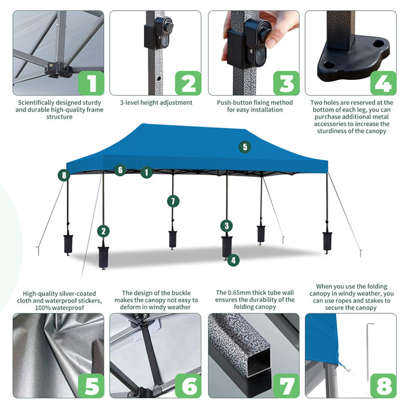 EROMMY 10' x 20' Blue Steel Pop-Up Canopy Tent with Roller Bag