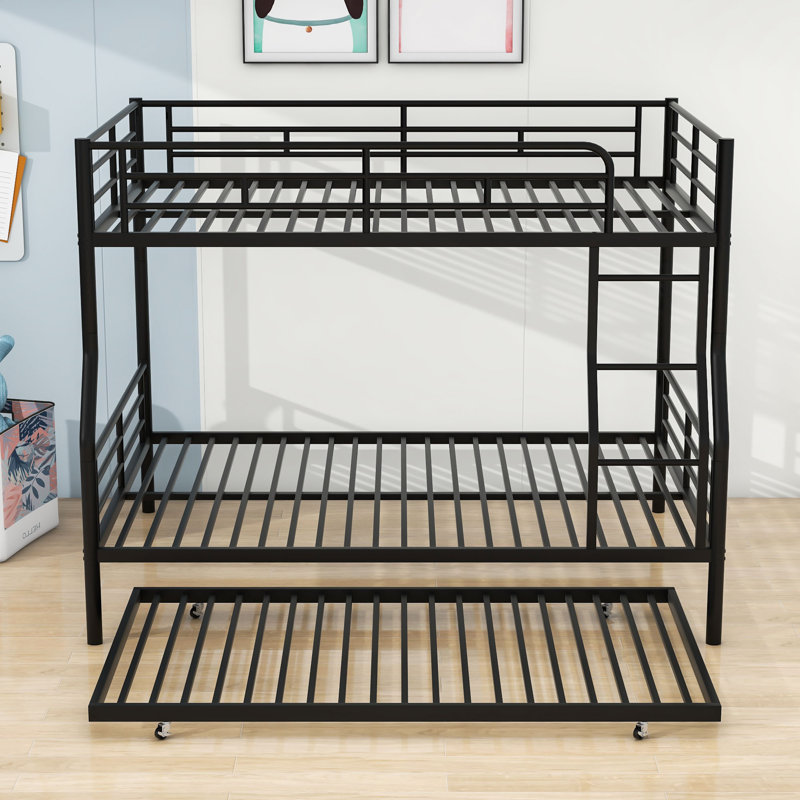 Full XL Over Queen Metal  Bunk Bed With Twin Size Trundle, Black